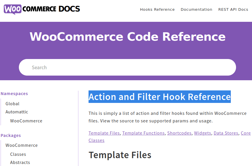 Screenshot der WooCommerce Developer Doku zu Hooks