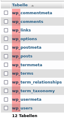 Das Bild zeigt eine Standardkonfiguration der Datenbank einer WordPress-Installation. Markiert ist der Standard-Tabellen-Prefix "wp_".