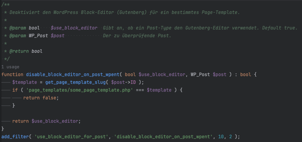 Das Bild zeigt Beispielcode zur Deaktivierung des WP Block-Editors für ein bestimmtes Page-Template.