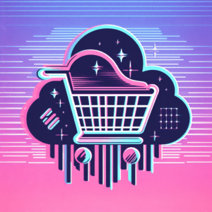 WooCommerce and Shopify logo silhouette in retro wave vaporwave aesthetic art style